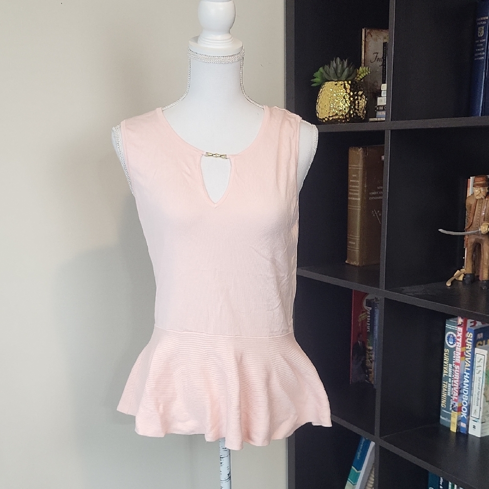 7TH AVENUE NEW YORK & CO Pink Rayon Nylon Knit V-Neck Sleeveless Peplum Top